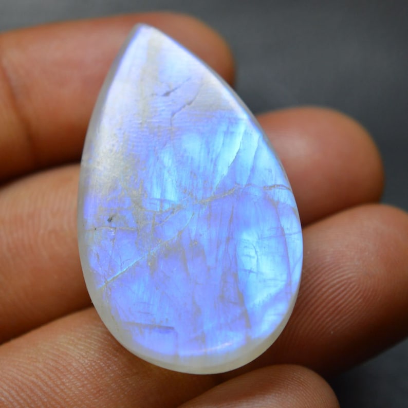 4.50 CTS Loose Gemstone AAA 13X9X5 MM Smooth Cabochon Blue Flash RainbowMoonstone Natural Rainbow Moonstone Pear Designer Cabochon