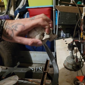 May include: A white ceramic skull with a detailed bone structure. The skull is being held by a hand with a tattoo. The skull is sitting on a metal bar.