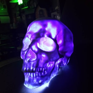 May include: A white skull sculpture with a purple and blue glow emanating from the inside. The skull is lit from within, creating a spooky and eerie effect.