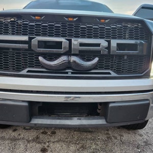 May include: Silver Ford truck with a black grill featuring the Ford logo. A black mustache is attached to the grill. The truck has bright headlights and a black bumper.