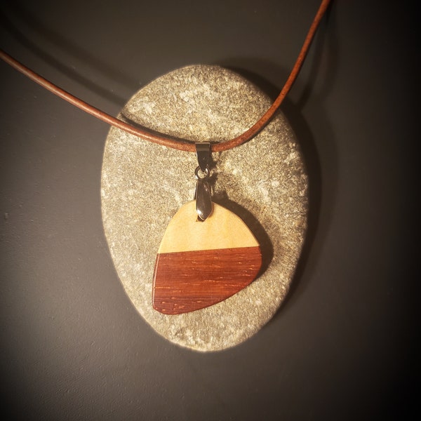 Curly Maple and African Padauk Wood Guitar Pick Pendant. Rolled leather adjustable necklace