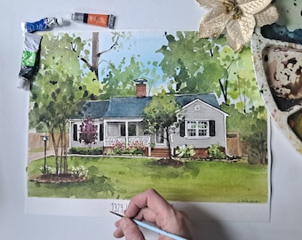 Watercolor House painting, house portrait, hand drawn, Mother's day, watercolor house, house painting