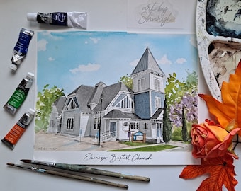 Architecture watercolor/ Hand Made Watercolor / wedding venue / hand drawn painting / Watercolor hotel painting / Architectural painting /