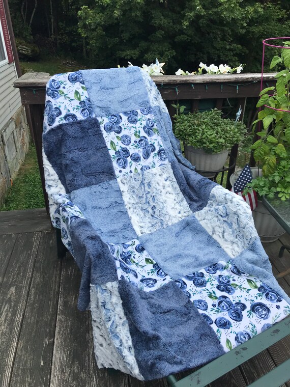 Handmade Minky Patchwork Throw: Vintage Denim Blanket