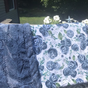 Blue Rose Minky Blanket, Adult Minky Throw, Gift for Mom, XL Minky Throw Blanket, ***Choose Your Backing***, Blue Floral Minky Blanket