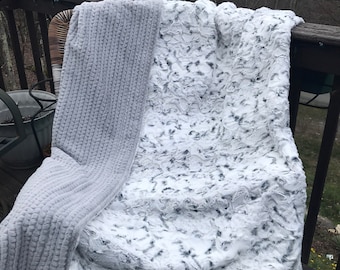 Snowy Owl Minky Throw Blanket: Grey Faux Fur, Choose Your Backing