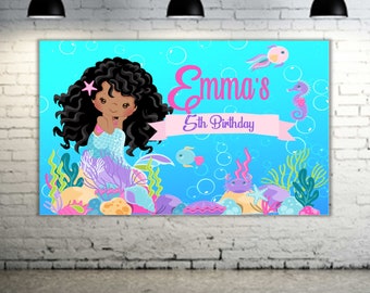 African American Mermaid Girl Party Banner (choice of hair color)