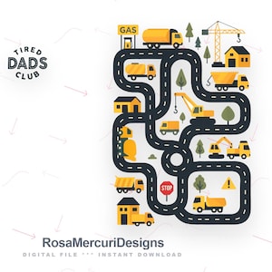 Può includere: Un'illustrazione digitale con una strada tortuosa con veicoli edili gialli, edifici e alberi. Il testo "TIRED DADS CLUB" è in alto e "RosaMercuriDesigns" in basso. Il design è su sfondo bianco.