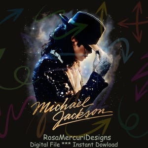 Op de afbeelding: Digitale kunstprint met Michael Jackson in een zwarte hoed en een jasje met pailletten, met een gouden handtekening en de naam "Michael Jackson". De achtergrond heeft een sterrennevel-effect met kleurrijke pijlen.