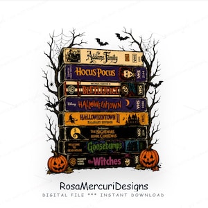 May include: A stack of eight VHS tapes featuring titles including The Addams Family, Hocus Pocus, Beetlejuice, Halloweentown, Halloweentown II, The Nightmare Before Christmas, Goosebumps, and The Witches, framed by black tree silhouettes and pumpkins.