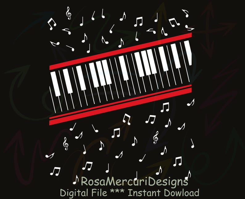 May include: A digital illustration of a piano keyboard with white keys and a red frame, surrounded by musical notes on a black background. The text "RosaMercuriDesigns" and "Digital File *** Instant Download" are at the bottom.