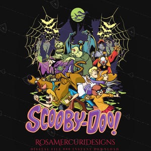 May include: A graphic illustration featuring the Scooby-Doo characters running from various monsters, including a ghost, a clown, and a knight, set against a dark castle background with a green moon, with the text SCOOBY-DOO! and ROSAMERCURIDESIGNS.