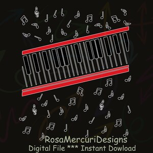 May include: A digital illustration of a piano keyboard in red and black, with musical notes scattered around it on a black background. The text "RosaMercuriDesigns" and "Digital File *** Instant Dowload" are at the bottom.