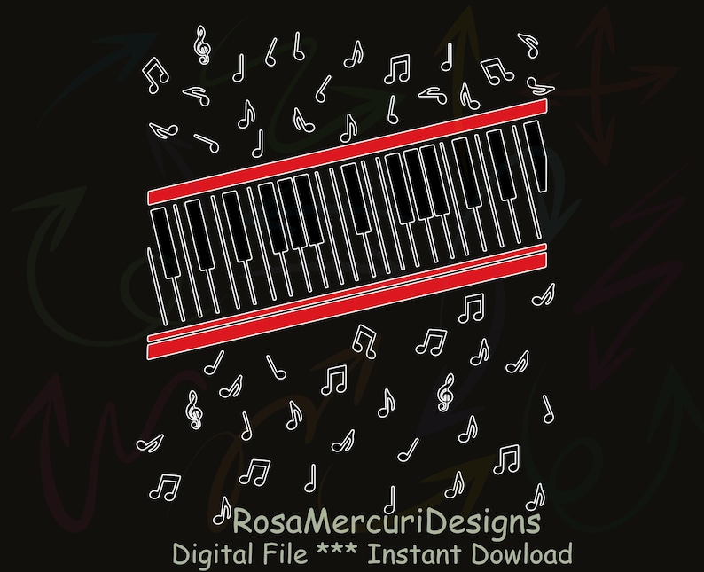 May include: A digital illustration of a piano keyboard in red and black, with musical notes scattered around it on a black background. The text "RosaMercuriDesigns" and "Digital File *** Instant Dowload" are at the bottom.