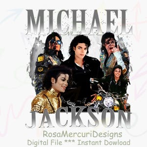 Può includere: Una grafica digitale con più immagini di Michael Jackson in varie pose. Il nome "MICHAEL JACKSON" è visualizzato in testo argentato e stilizzato. L'immagine include il testo in basso: "RosaMercuriDesigns Digital File *** Instant Dowload".