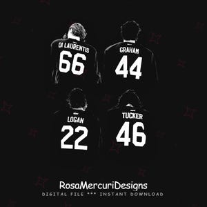 May include: Black and white digital file featuring four jersey backs with player names and numbers: Di Laurentis 66, Graham 44, Logan 22, and Tucker 46. The background is dark with star accents. The text "RosaMercuriDesigns" is at the bottom.