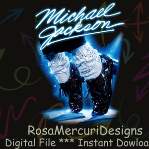 May include: Digital art featuring Michael Jackson's legs and feet in black shoes with white socks, illuminated by blue light. The name "Michael Jackson" is written in a neon-style font. The background is dark with colorful arrow designs.