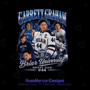 Può includere: Un design digitale con il nome "Garrett Graham" in un font stilizzato con effetti di fulmini blu. Il design include più immagini di un giocatore di hockey con la maglia della Briar University, con il testo "Briar University Hockey Team #44".