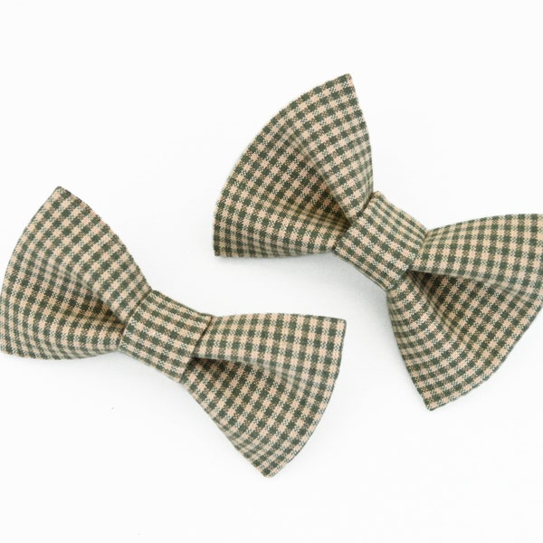 Medium Dog Bow Tie - Green & Beige Gingham. Pet Collar Accessory