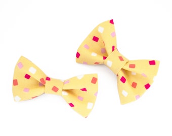 Medium Yellow Dog Bow Tie - Pink Confetti Polka Squares