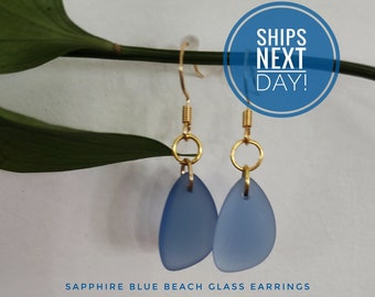 Sapphire Blue Beach Glass Dangle Earrings, Blue Earrings, Beach Glass Earrings, Nature Inspired Earrings, Blue Sea Glass Earrings