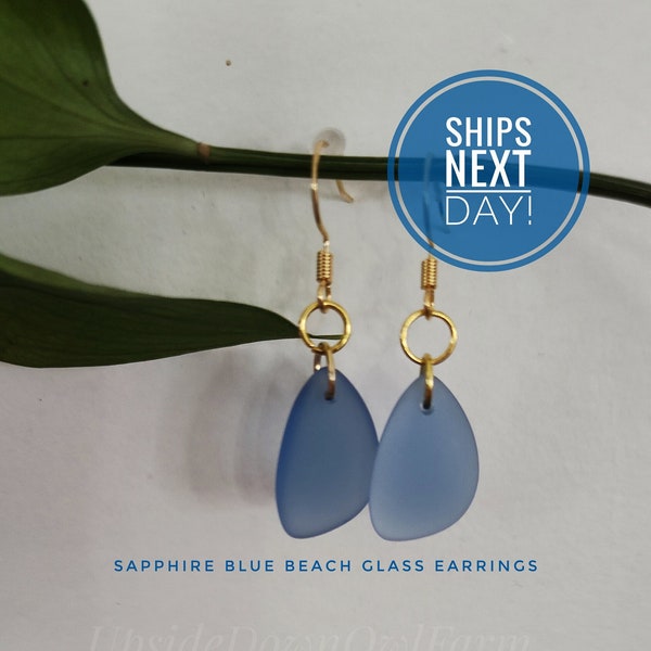 Sapphire Blue Beach Glass Dangle Earrings, Blue Earrings, Beach Glass Earrings, Nature Inspired Earrings, Blue Sea Glass Earrings