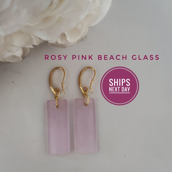 Pink Sea Glass Earrings, Beach Glass Earrings, Beach Glass Bar Earrings, Mimimalist Earrings, 18K Gold, Wellness Gift, Mother's Day Gift