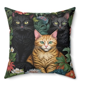 NEW! Victorian Cat Pillow, William Morris Style Pillow, PILLOW INCLUDED, Cat Lover Gift, Vintage Style Throw Pillow, Black Cat, Cat Design