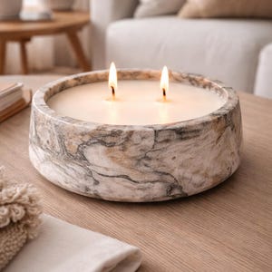Marbled Jesmonite Bowl Candle, 8 oz Soy Candle, Black Brown Swirl Bowl, 2 Wick Handmade Candle, Modern Neutral Home Decor, Mothers Day Gift Bild 1