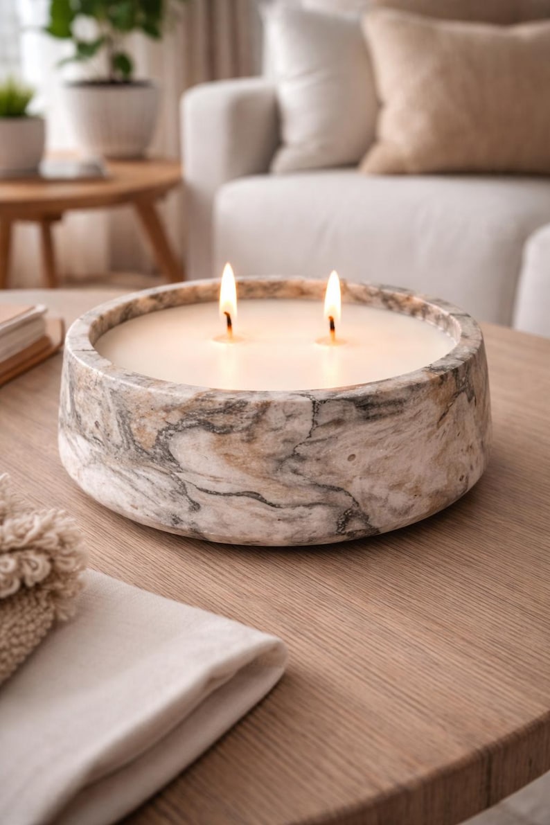 Marbled Jesmonite Bowl Candle, 8 oz Soy Candle, Black Brown Swirl Bowl, 2 Wick Handmade Candle, Modern Neutral Home Decor, Mothers Day Gift Bild 1