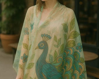 Peacock Scarf, Lightweight Chiffon Scarf, Semi Sheer Boho Bird Print Shawl, Vibrant Green Blue Botanical Scarf, Womens Accessory, Chiffon