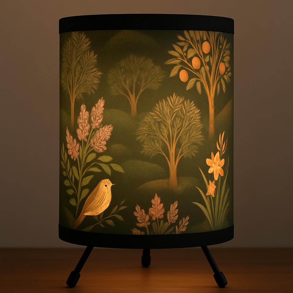 Folk Art Nature Tripod Lamp, Botanical Birds & Trees Table Lamp, Woodland Cottagecore Decor, Vintage