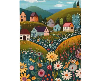 Countryside Cottage Floral Blanket, Cozy Cottagecore Throw with Wildflowers & Pastel Houses, Soft Comfort Home Decor Gift