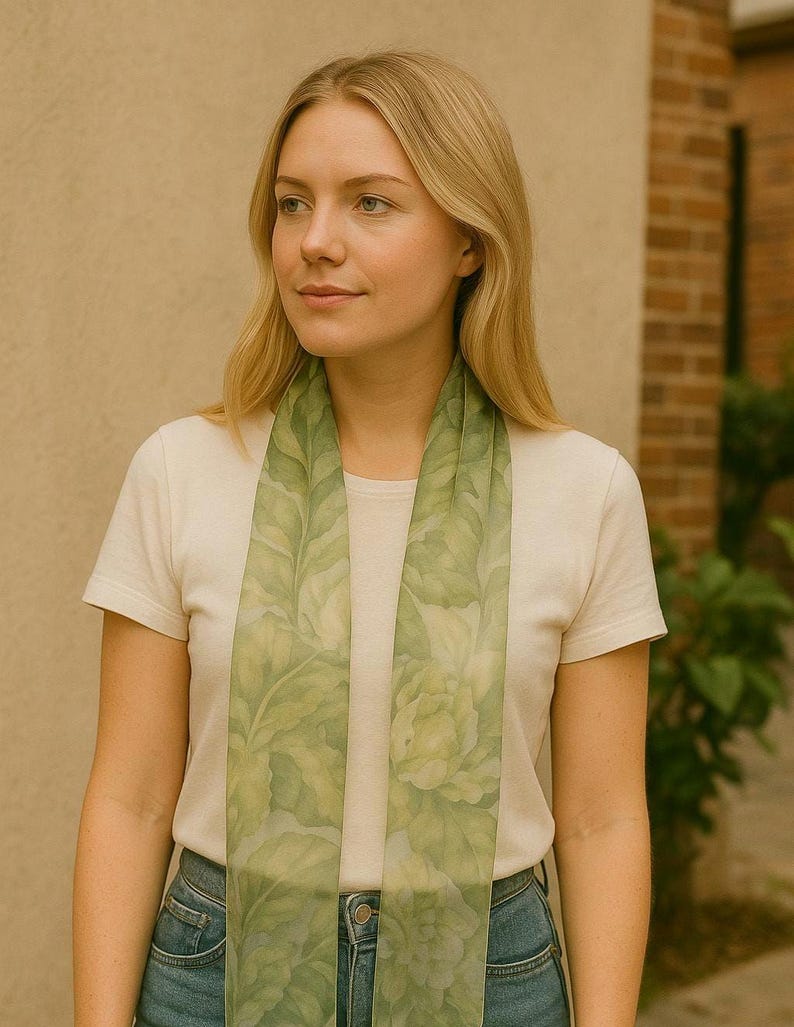 May include: A woman wearing a white t-shirt and blue jeans with a green floral scarf around her neck.