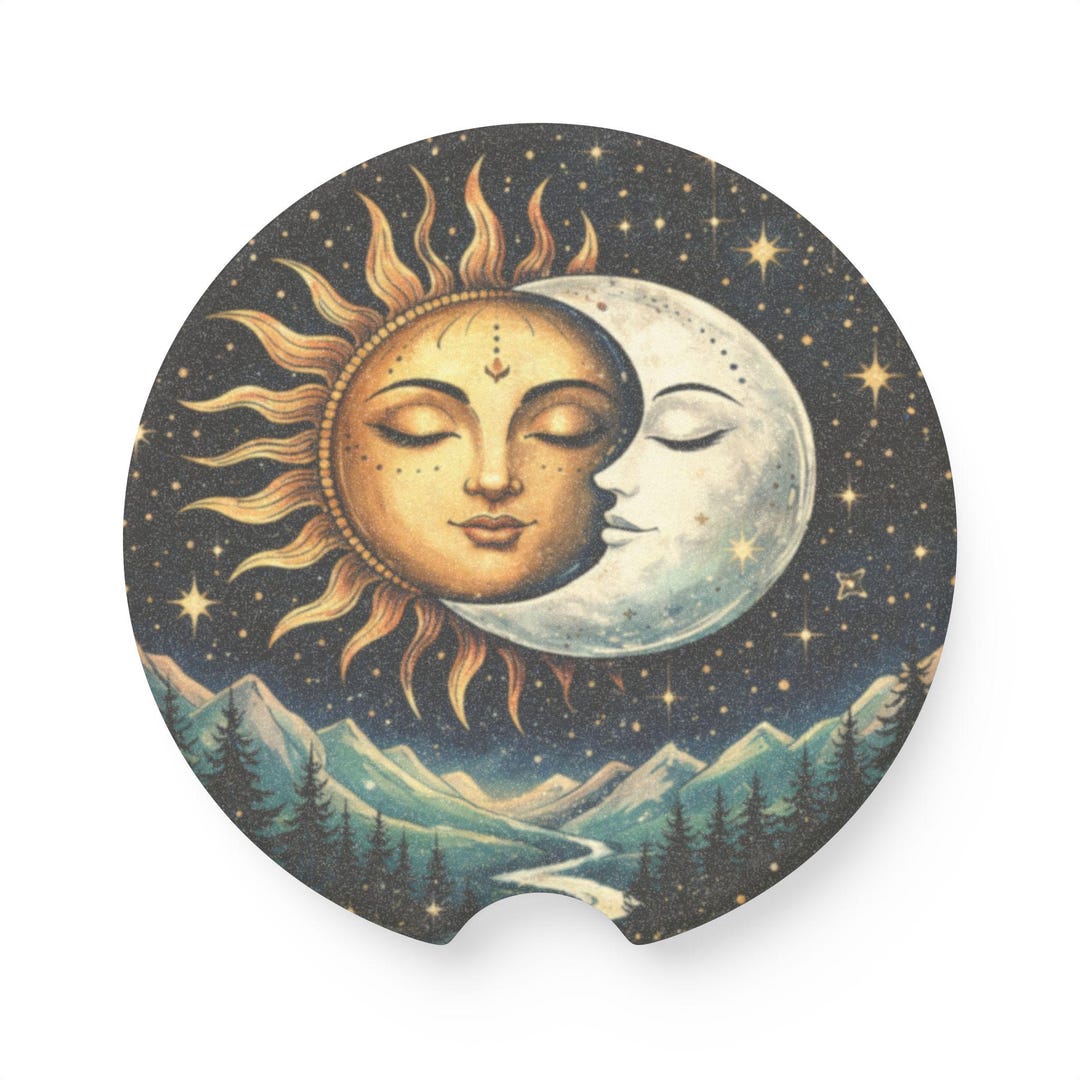 Moon Coaster Celestial Sun and Moon Car Coaster – Boho Cosmic Cup Holder Absorbent ...