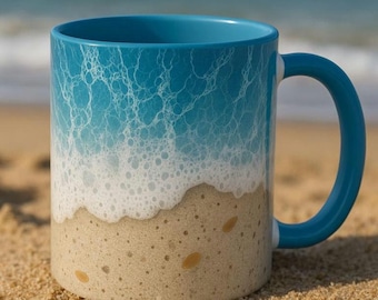 Ocean Wave Coffee Mug, Beach Ceramic Cup with Seafoam Sand Design, 11oz and 15oz Coastal Mug in Blue, Black, or Pink, Microwave Safe