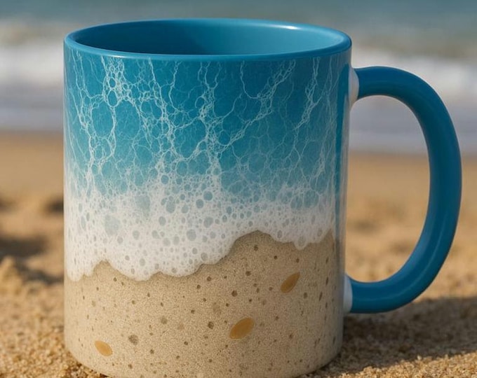 Ocean Wave Coffee Mug, Beach Ceramic Cup with Seafoam Sand Design, 11oz and 15oz Coastal Mug in Blue, Black, or Pink, Microwave Safe
