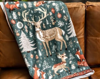 Folk Art Throw Blanket, 3 Sizes, Nordic Blanket, Deer Woodland Animal Blanket, Scandinavian Folk Art Style Holiday Blanket, Woodland Animals