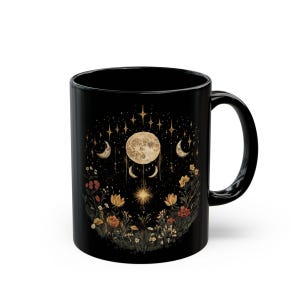 NEW, Celestial Coffee Cup, Tea Mug, Moon Decor, Serenity Mug, Night Sky, Mystical Kitchen Decor, Witchy Gift, Moon Among Wildflowers Design