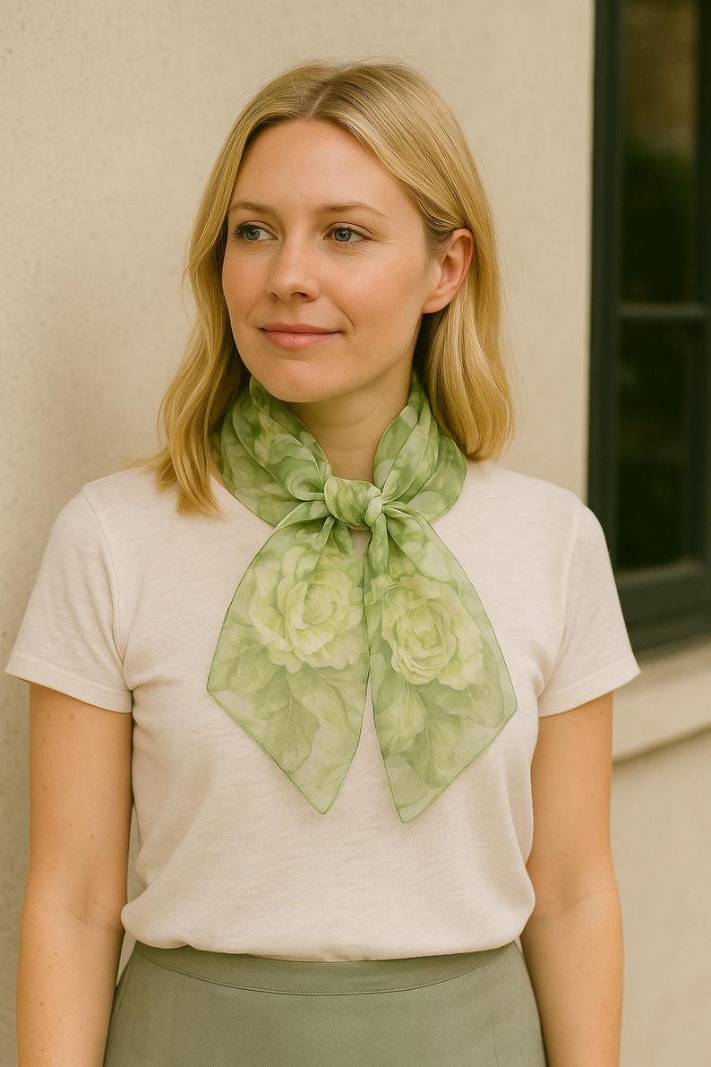 May include: A woman wearing a white t-shirt and a green floral scarf tied around her neck. The scarf has a light green background with a floral pattern of white roses.