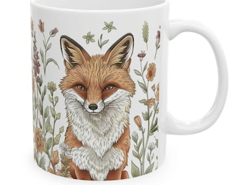 May include: White ceramic mug with a fox illustration. The fox is sitting in a field of flowers with orange, yellow, and purple hues. The fox has a white chest and a bushy tail.