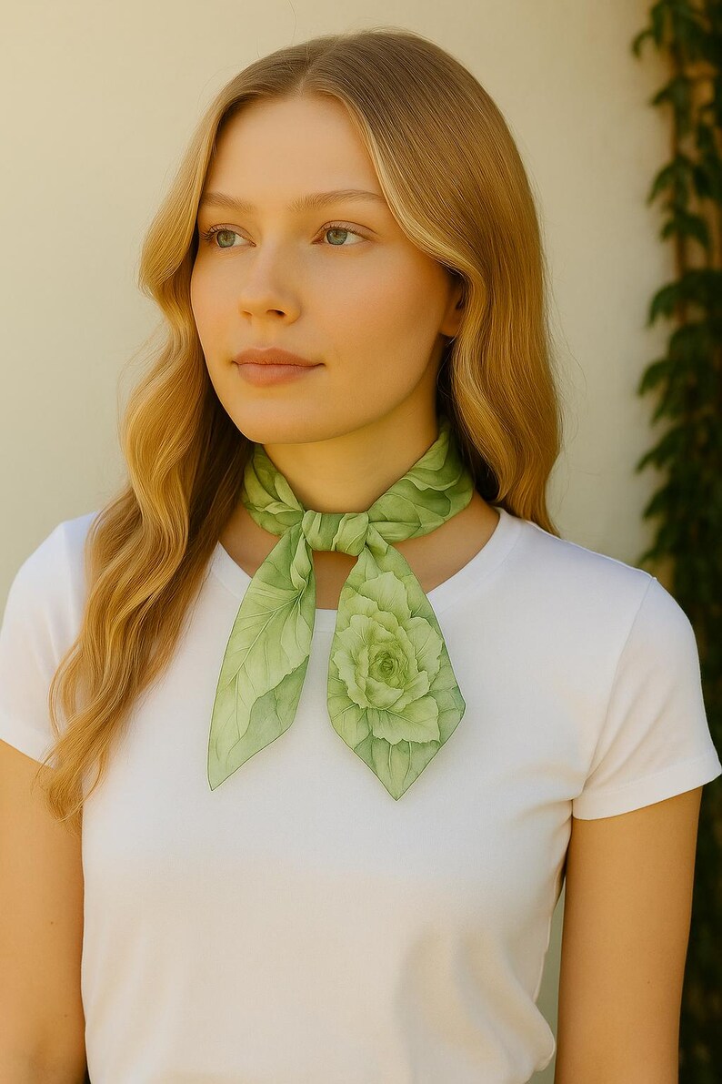 Green Peony Floral Scarf, Lightweight Shawl, Green and Cream Colored Wrap, Women's Fashion Accessory, Elegant Scarves image 5