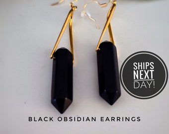 NEW, Black Obsidian Earrings, 10K Gold Plated Earrings, Trending Earrings, Minimalist, Lightweight Earrings, Boho Style, Natural Jewelry
