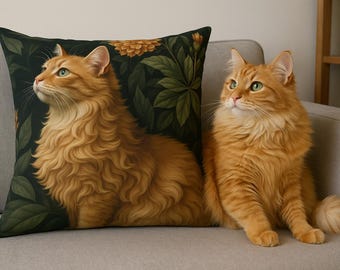 Elegant Cat Art in William Morris style, Cat Pillow, Orange Cat Pillow, Intricate Fur Detailing, Dramatic