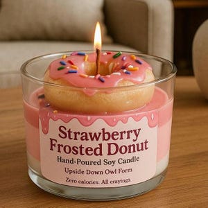 Strawberry Frosted Donut Candle: Bakery Scented Soy Wax Candle