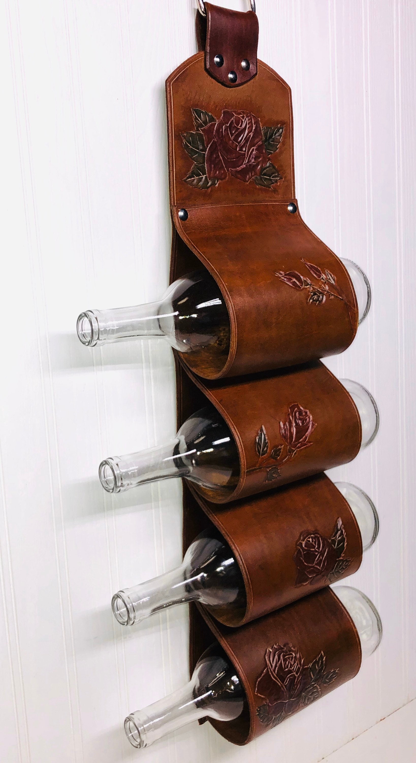Hanging 4Bottle Leather Wine Rack HandTooled / Stamped and Etsy