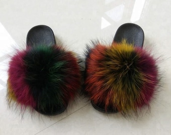 rainbow fur slides etsy