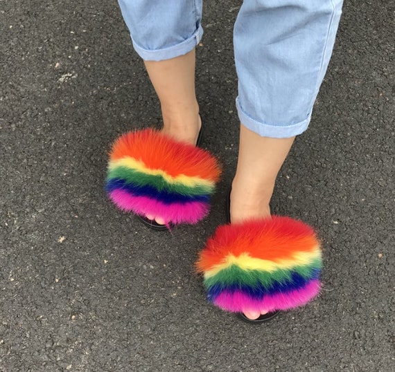 real fox fur rainbow mix fur slides etsy