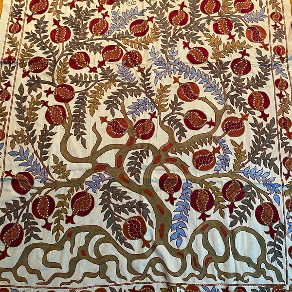 Suzani pomegranate tree of life wall hanging - Uzbekistan handmade embroidered tablecloth, 55.1 x 78.7 inch / 140 x 200 cm