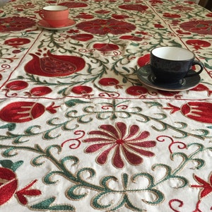 Uzbek suzani wall hanging tapestry with embroidered pomegranates, suns, tulips, pepper, almonds, persimmon  227 x 155 cm / 89.4 x 61 inch
